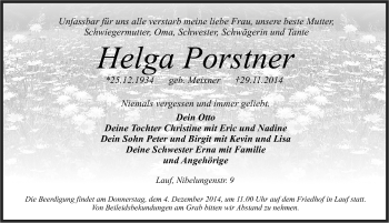 Traueranzeige von Helga Porstner von Pegnitz-Zeitung
